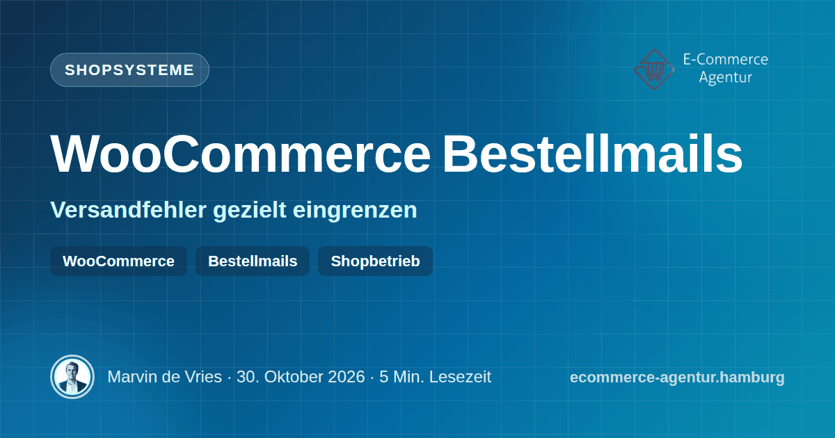 Das Titelbild zeigt den Titel WooCommerce Bestellmails, den Untertitel Versandfehler gezielt eingrenzen und die Tags WooCommerce, Bestellmails und Shopbetrieb auf dunklem Grund.